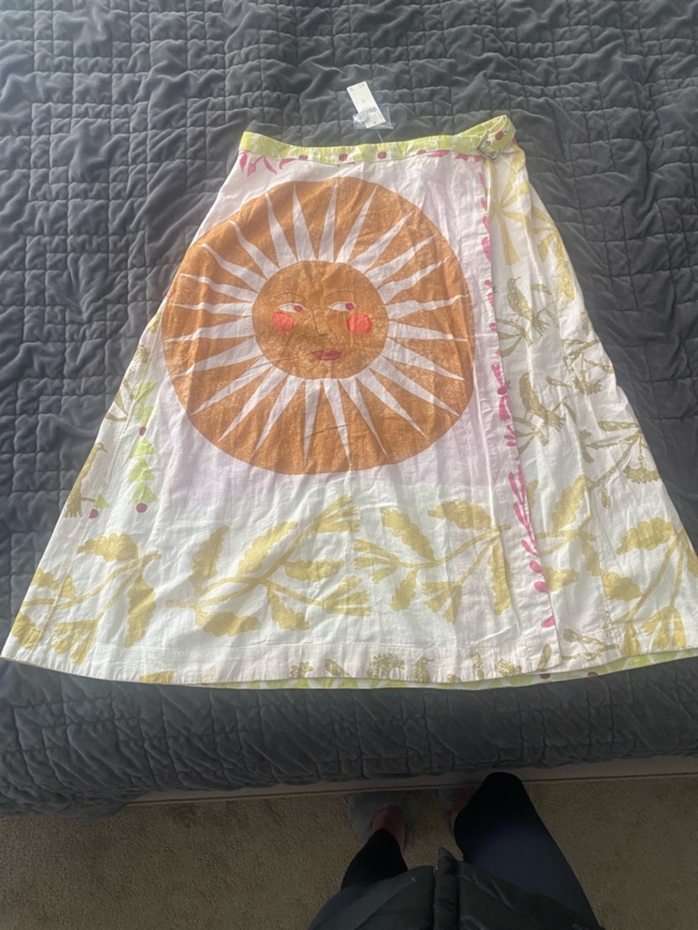 White A-Line Wrap Skirt with Orange Sun Motif
